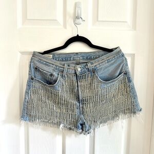 Custom Western Faux-diamond Fringe Levi denim shorts